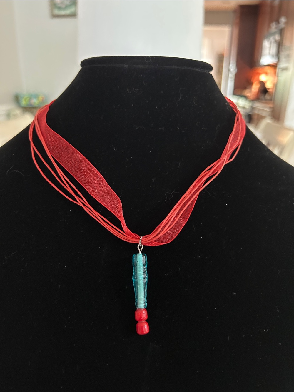 Red Multi-Strand Ribbon Necklace with Turquoise Glass Pendant